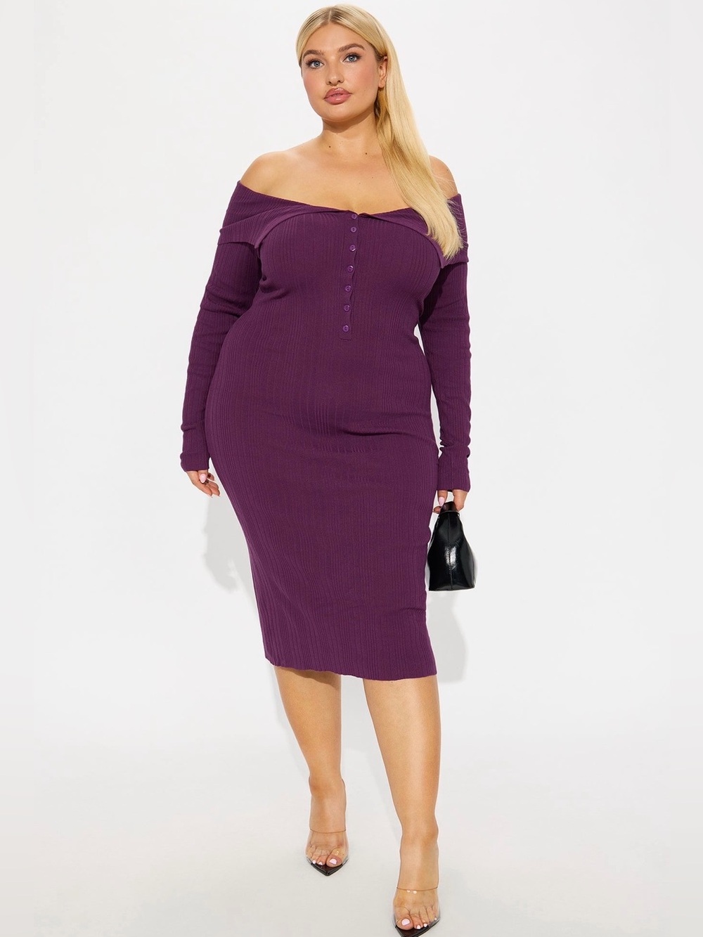 Off-Shoulder Rib Knit Midi Dress in Purple 1X
